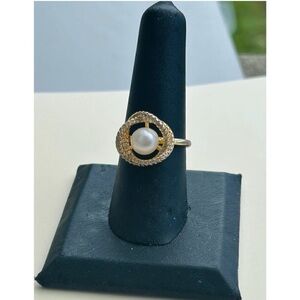 Vintage Gold Plated Faux Pearl Ring CZ Rhinestone Adjustable Cocktail Ring